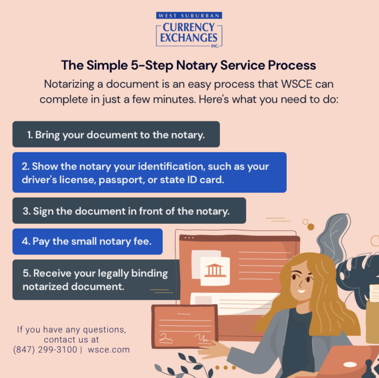 Notarizing a document is an easy process that WSCE can complete in just a few minutes. Here's what you need to do: 1. Bring your document to the notary. 2. Show the notary your identification, such as your driver's license, passport, or state ID card. 3. Sign the document in front of the notary. 4. Pay the small notary fee. 5. Receive your legally binding notarized document.
